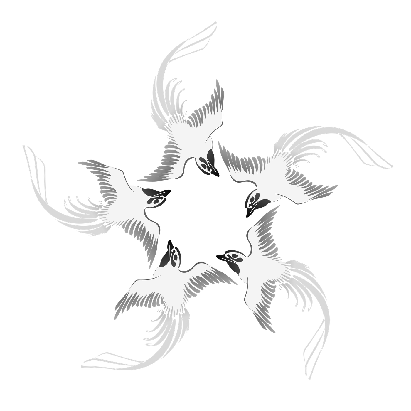 Five detailed, feathered birds arranged in a circle.