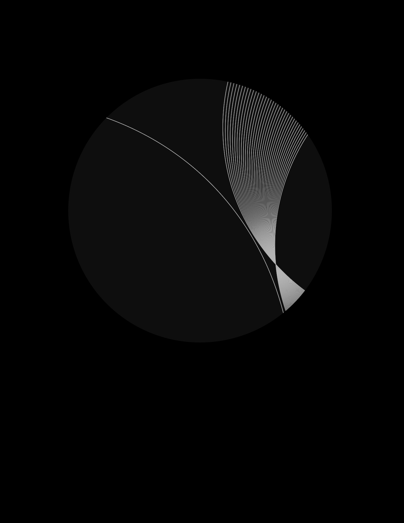 Disk drawing: a fan of fine circles converging through a single point on a dark disc, crossed by a long arc.