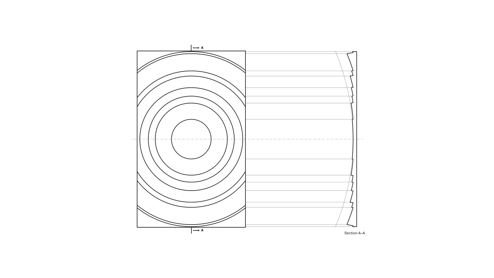 Orthographic plate: Basalt mark front view and computed lens section A–A