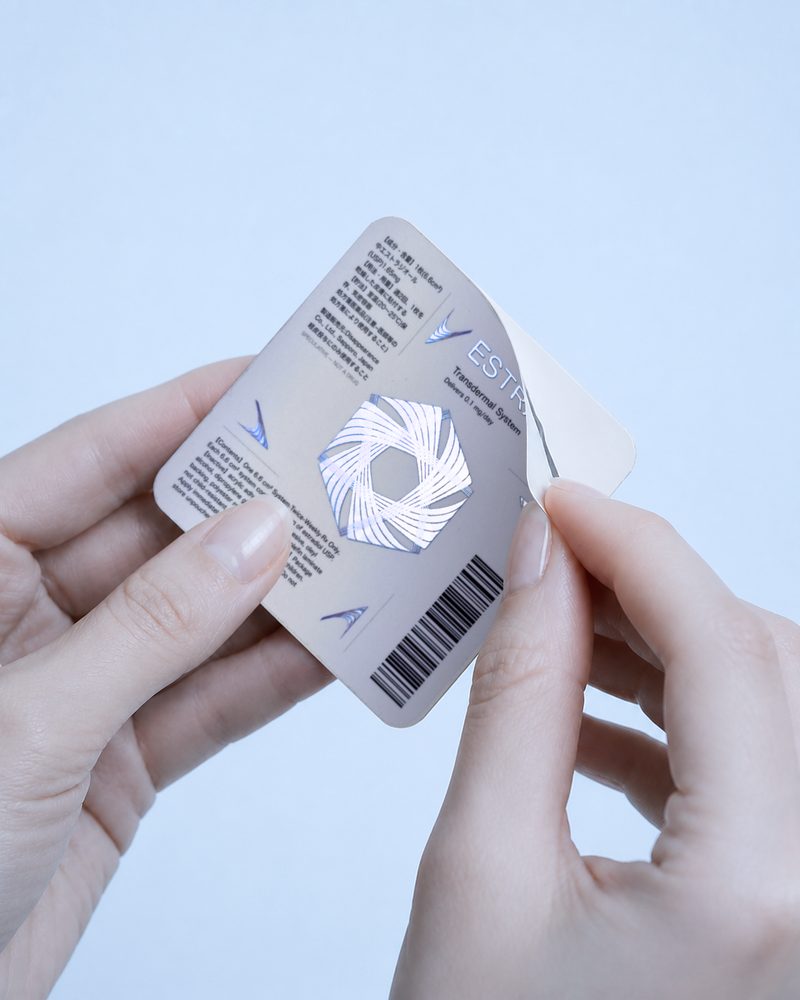 Hands peeling open an Estradiol pouch