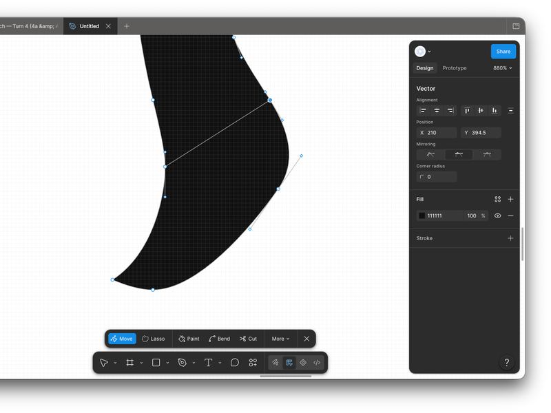 The foot's vectors being edited by hand in Figma, its points selected