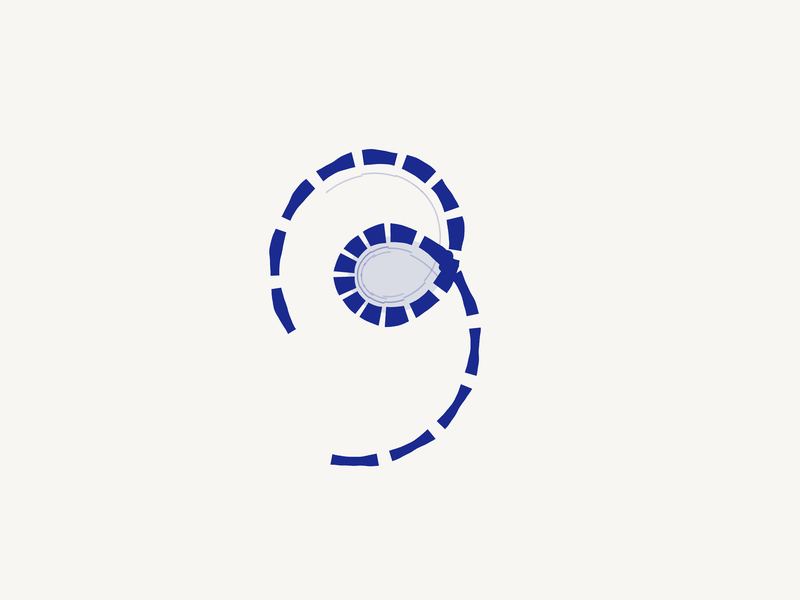 The curve read as a river: segmented dashes of varying weight, an island where the loop closes.