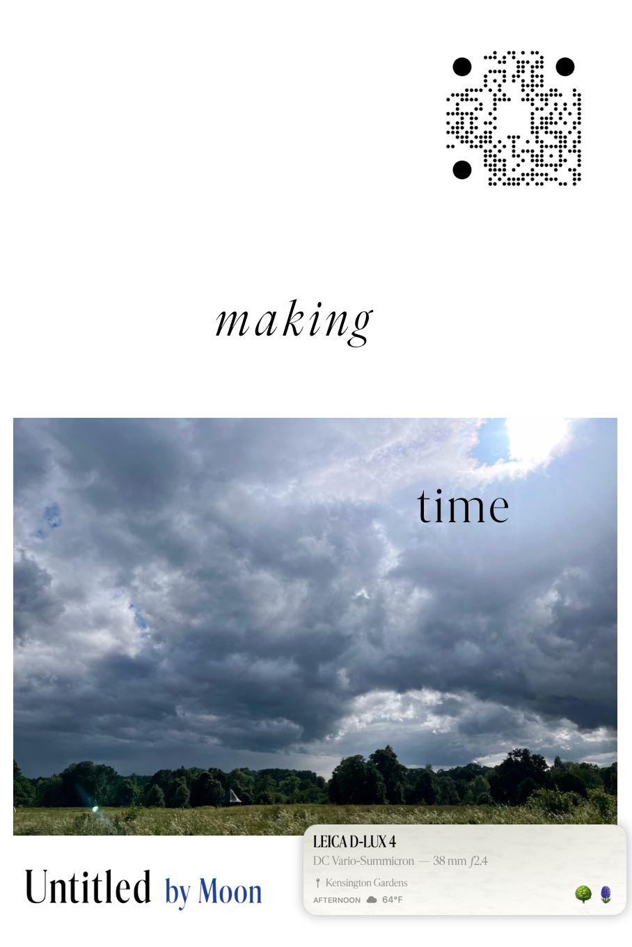 Untitled campaign insertion: “making time” over a photograph of storm cloud breaking over a field