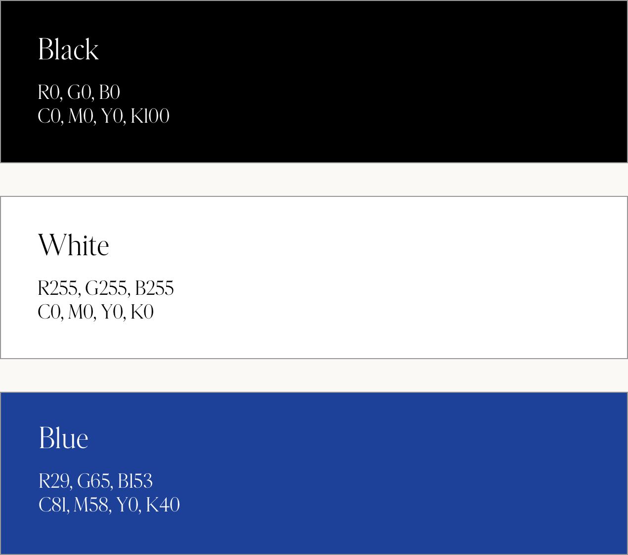 Untitled palette: black, white, and blue, each with its RGB and CMYK values